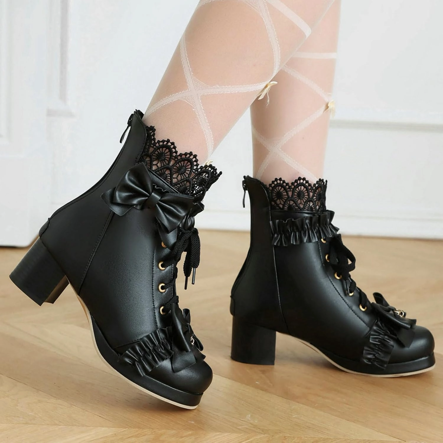 LUXMAX Women Cute Lolita Boots Chunky Mid Heel Ankle Boots with Bow Platform Lace Up Booties with Pearl