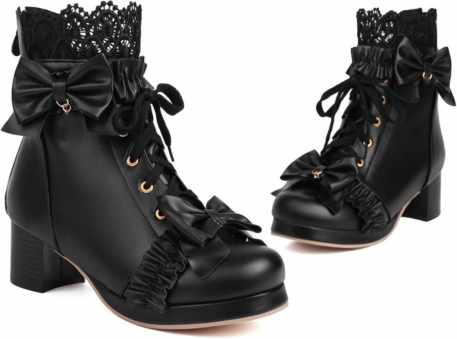 LUXMAX Women Cute Lolita Boots Chunky Mid Heel Ankle Boots with Bow Platform Lace Up Booties with Pearl
