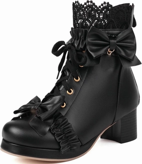 LUXMAX Women Cute Lolita Boots Chunky Mid Heel Ankle Boots with Bow Platform Lace Up Booties with Pearl