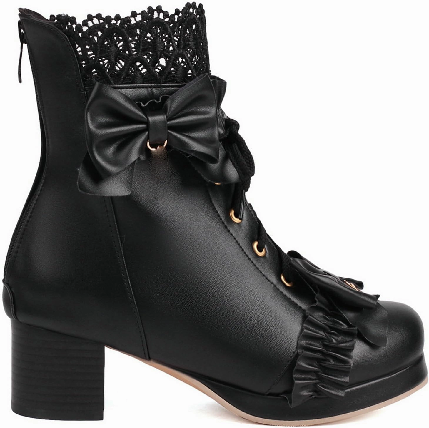 LUXMAX Women Cute Lolita Boots Chunky Mid Heel Ankle Boots with Bow Platform Lace Up Booties with Pearl