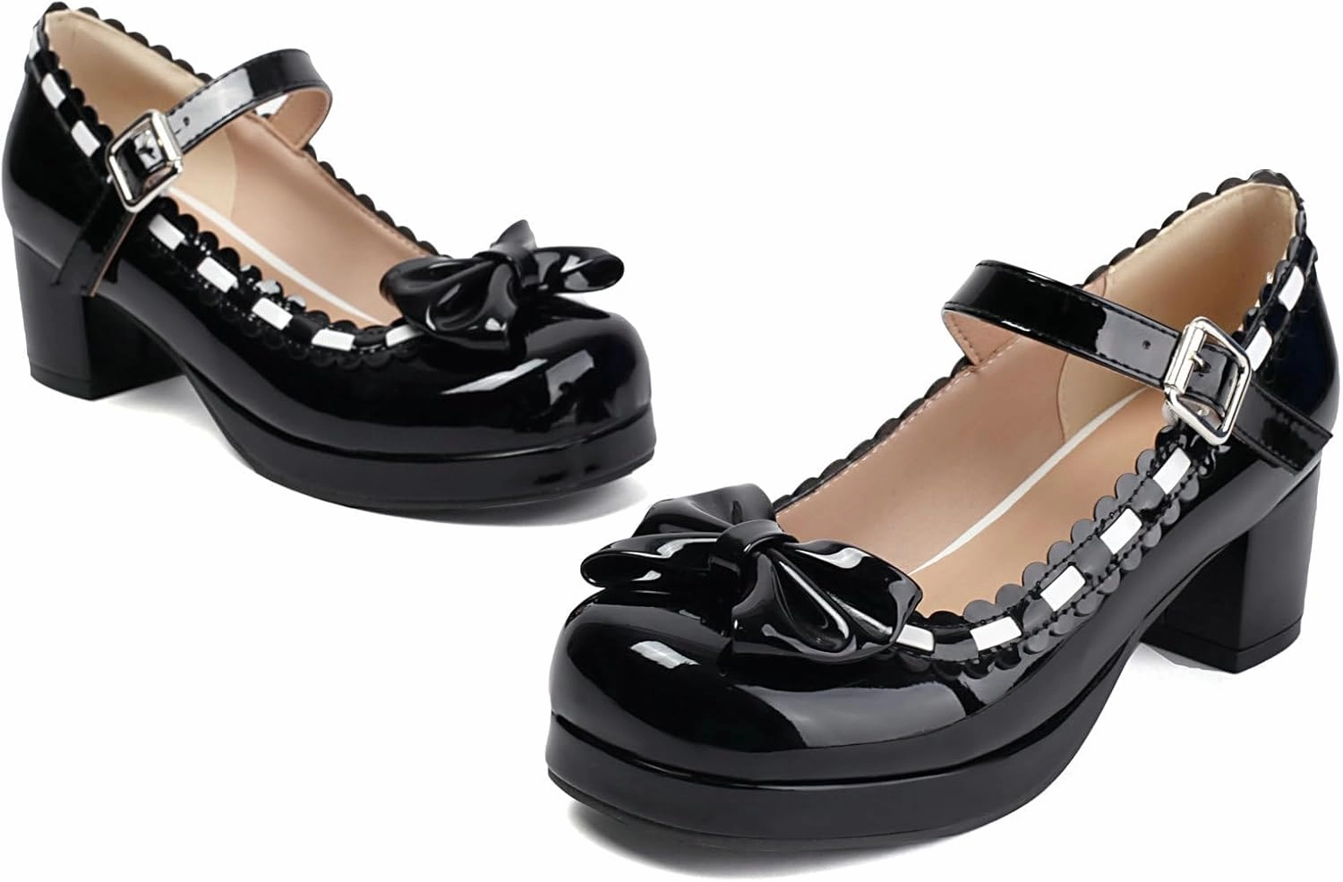 LUXMAX Women's Kawaii Heels Cute Mary Janes Bow Shoes Chunky Heel Ankle Strap Pumps Platform High Heel Sweet Cosplay Shoes,Uniform Japanese Style Shoes
