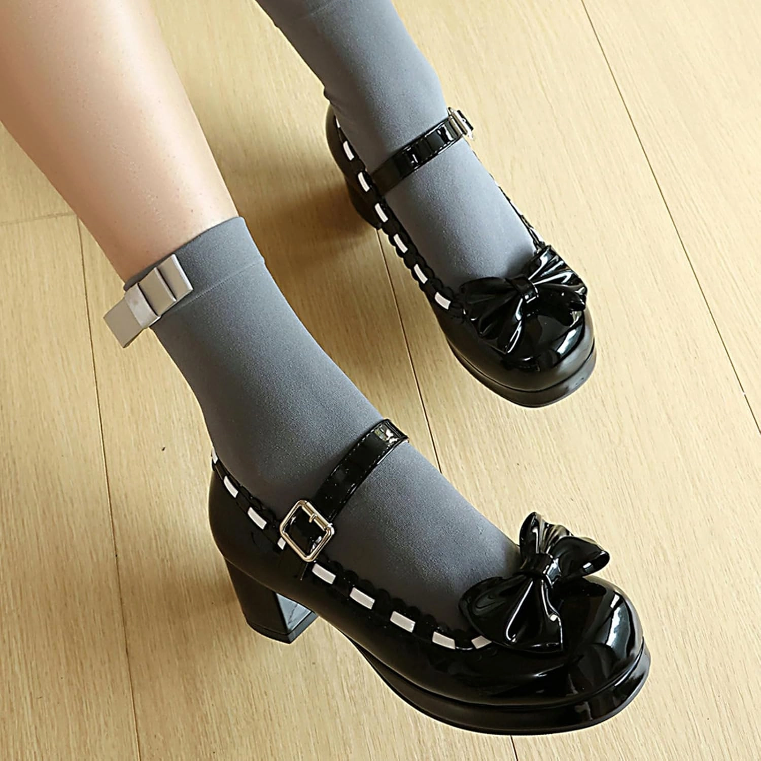 LUXMAX Women's Kawaii Heels Cute Mary Janes Bow Shoes Chunky Heel Ankle Strap Pumps Platform High Heel Sweet Cosplay Shoes,Uniform Japanese Style Shoes