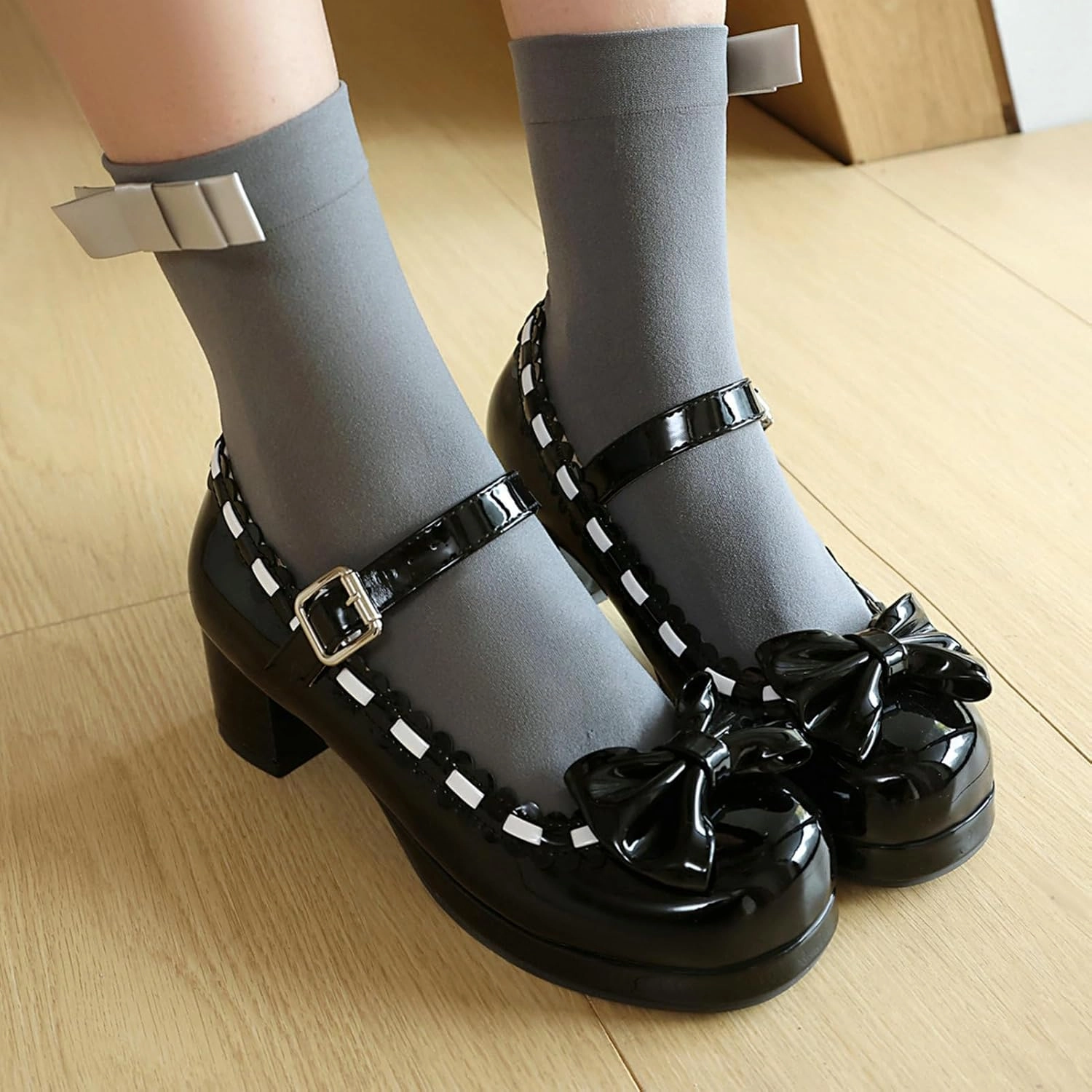 LUXMAX Women's Kawaii Heels Cute Mary Janes Bow Shoes Chunky Heel Ankle Strap Pumps Platform High Heel Sweet Cosplay Shoes,Uniform Japanese Style Shoes