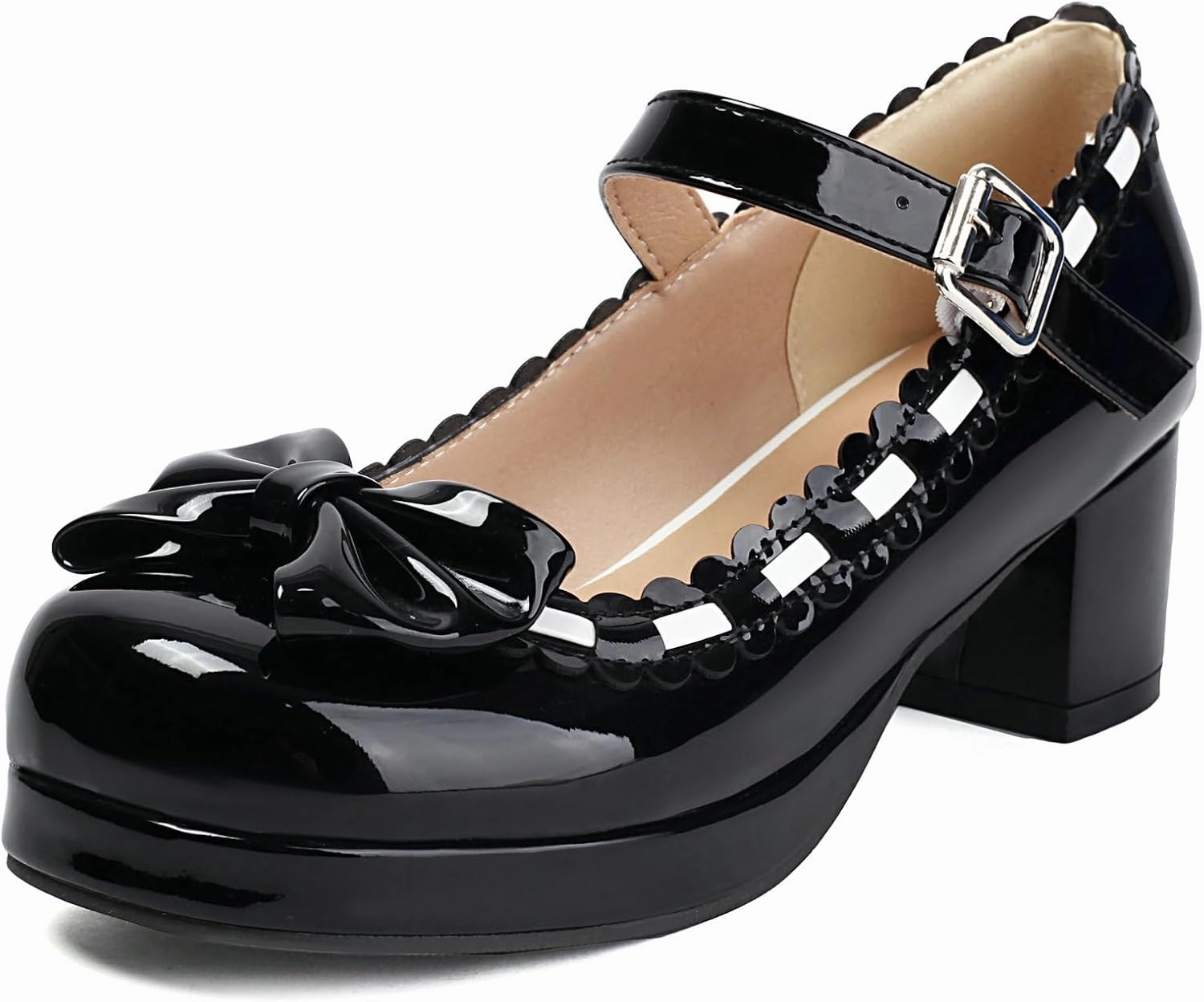 LUXMAX Women's Kawaii Heels Cute Mary Janes Bow Shoes Chunky Heel Ankle Strap Pumps Platform High Heel Sweet Cosplay Shoes,Uniform Japanese Style Shoes