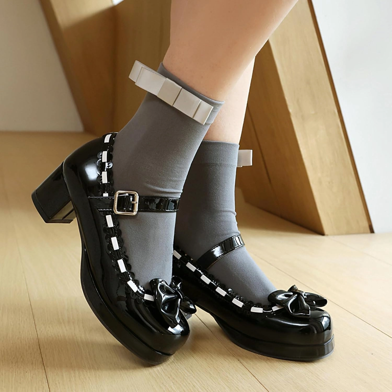 LUXMAX Women's Kawaii Heels Cute Mary Janes Bow Shoes Chunky Heel Ankle Strap Pumps Platform High Heel Sweet Cosplay Shoes,Uniform Japanese Style Shoes