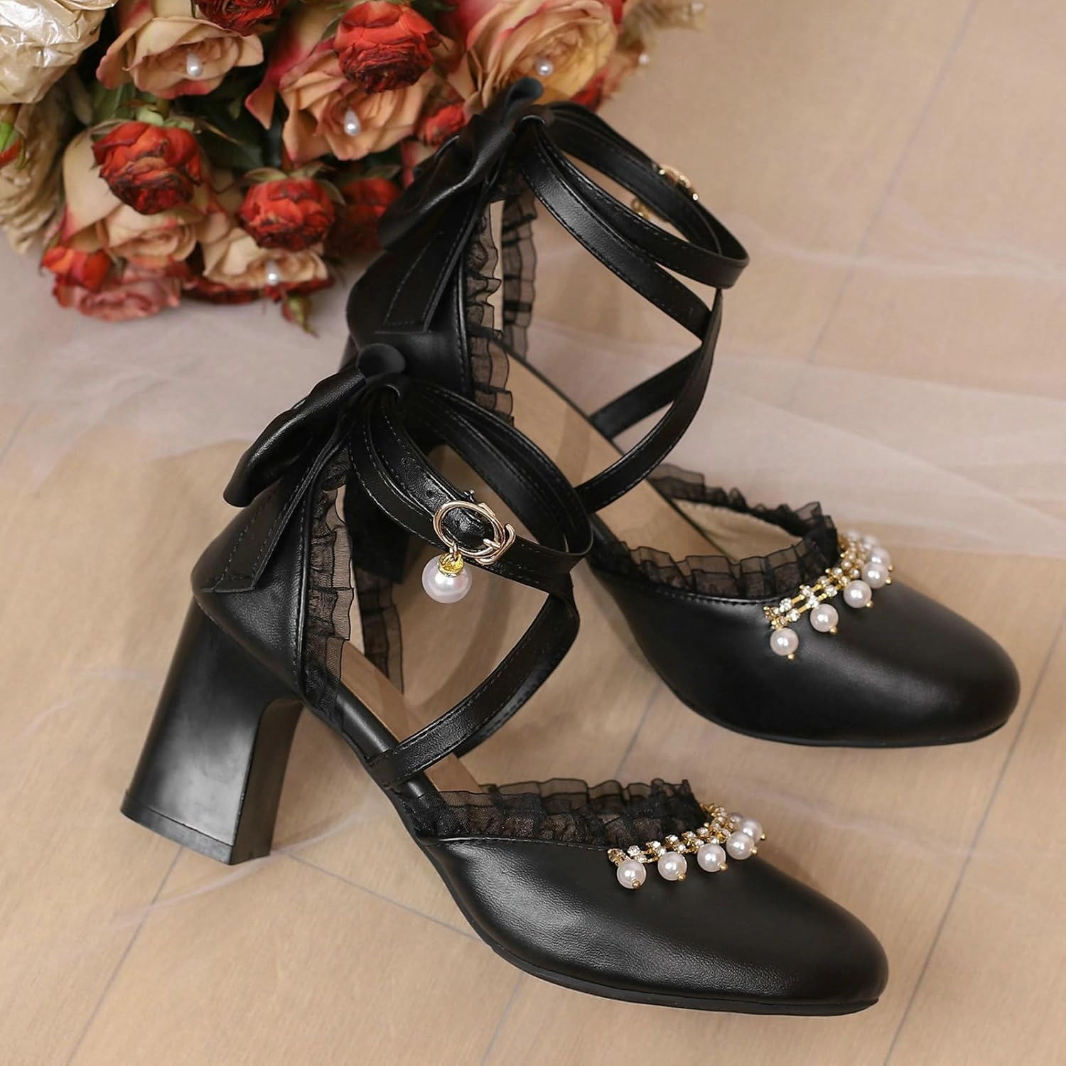 LUXMAX Womens Bow Pumps Cross Strap Block Heel Cute Cosplay Shoes