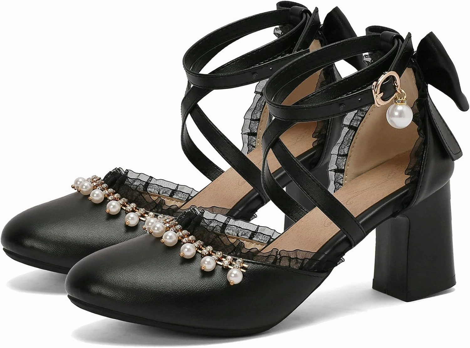 LUXMAX Womens Bow Pumps Cross Strap Block Heel Cute Cosplay Shoes