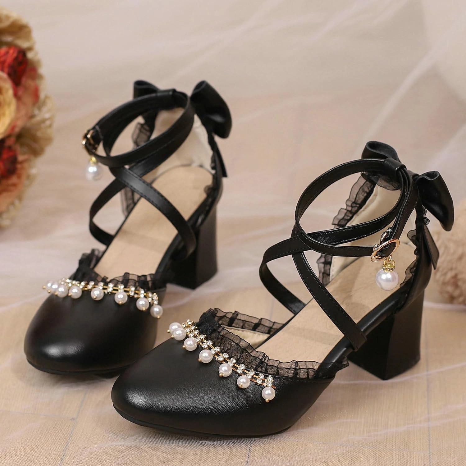 LUXMAX Womens Bow Pumps Cross Strap Block Heel Cute Cosplay Shoes