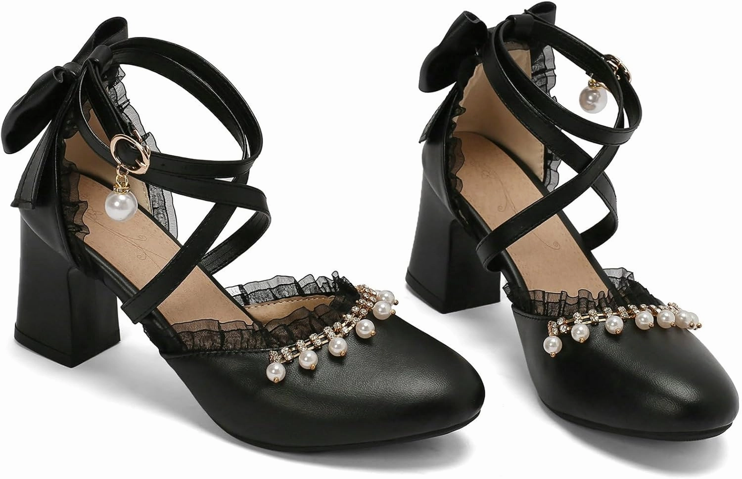 LUXMAX Womens Bow Pumps Cross Strap Block Heel Cute Cosplay Shoes