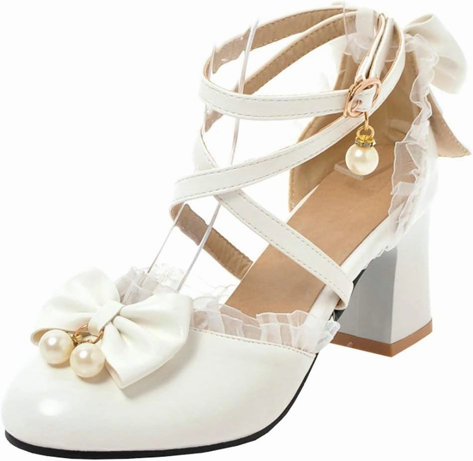 LUXMAX Womens Bow Pumps Cross Strap Block Heel Cute Cosplay Shoes