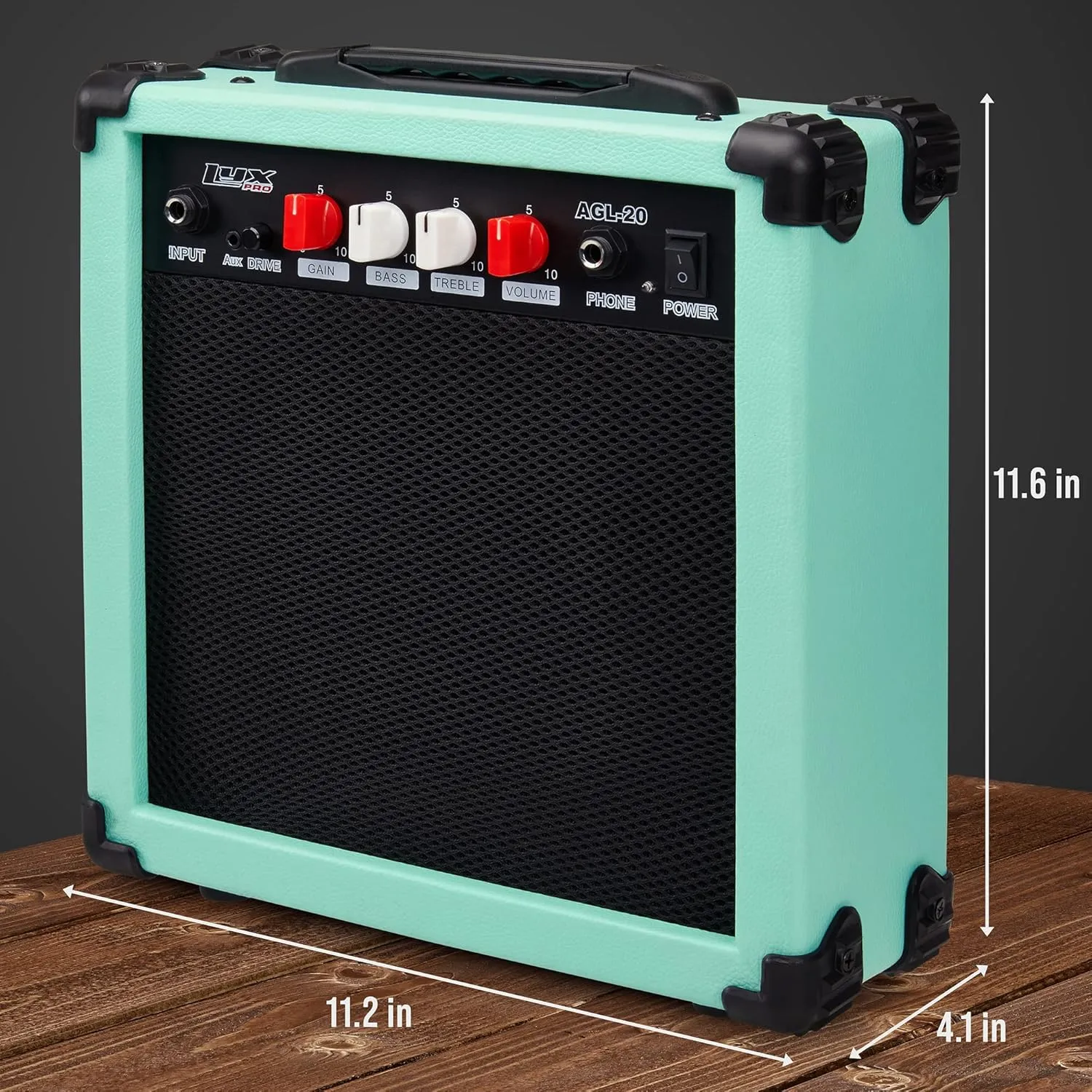 LyxPro Electric Guitar Amp 20 Watt Amplifier Built in Speaker Headphone Jack and Aux Input Includes Gain Bass Treble Volume and Grind - Green