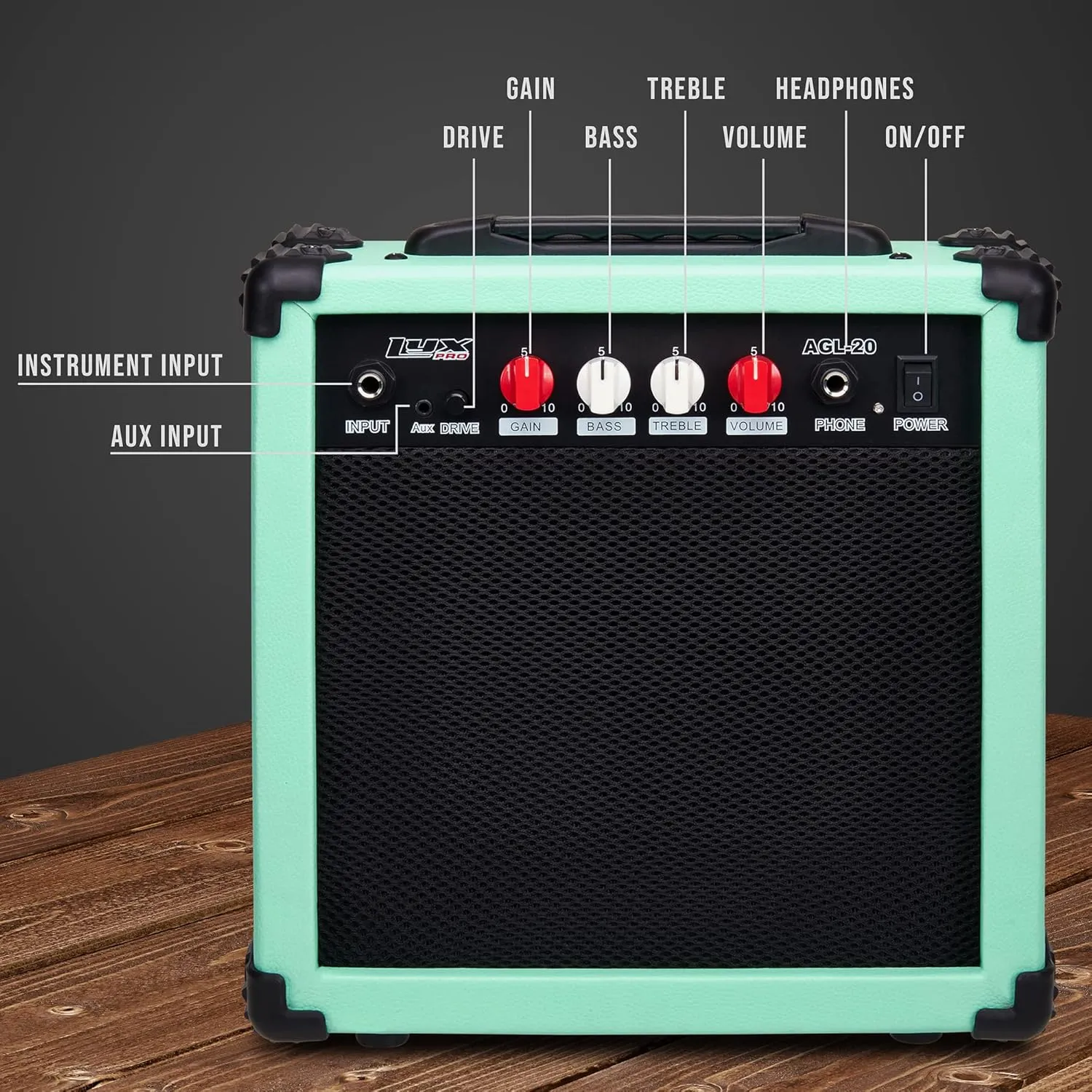 LyxPro Electric Guitar Amp 20 Watt Amplifier Built in Speaker Headphone Jack and Aux Input Includes Gain Bass Treble Volume and Grind - Green