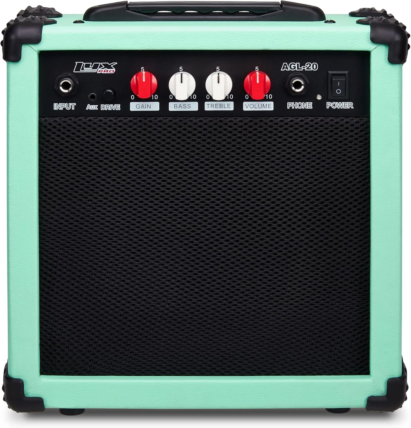 LyxPro Electric Guitar Amp 20 Watt Amplifier Built in Speaker Headphone Jack and Aux Input Includes Gain Bass Treble Volume and Grind - Green