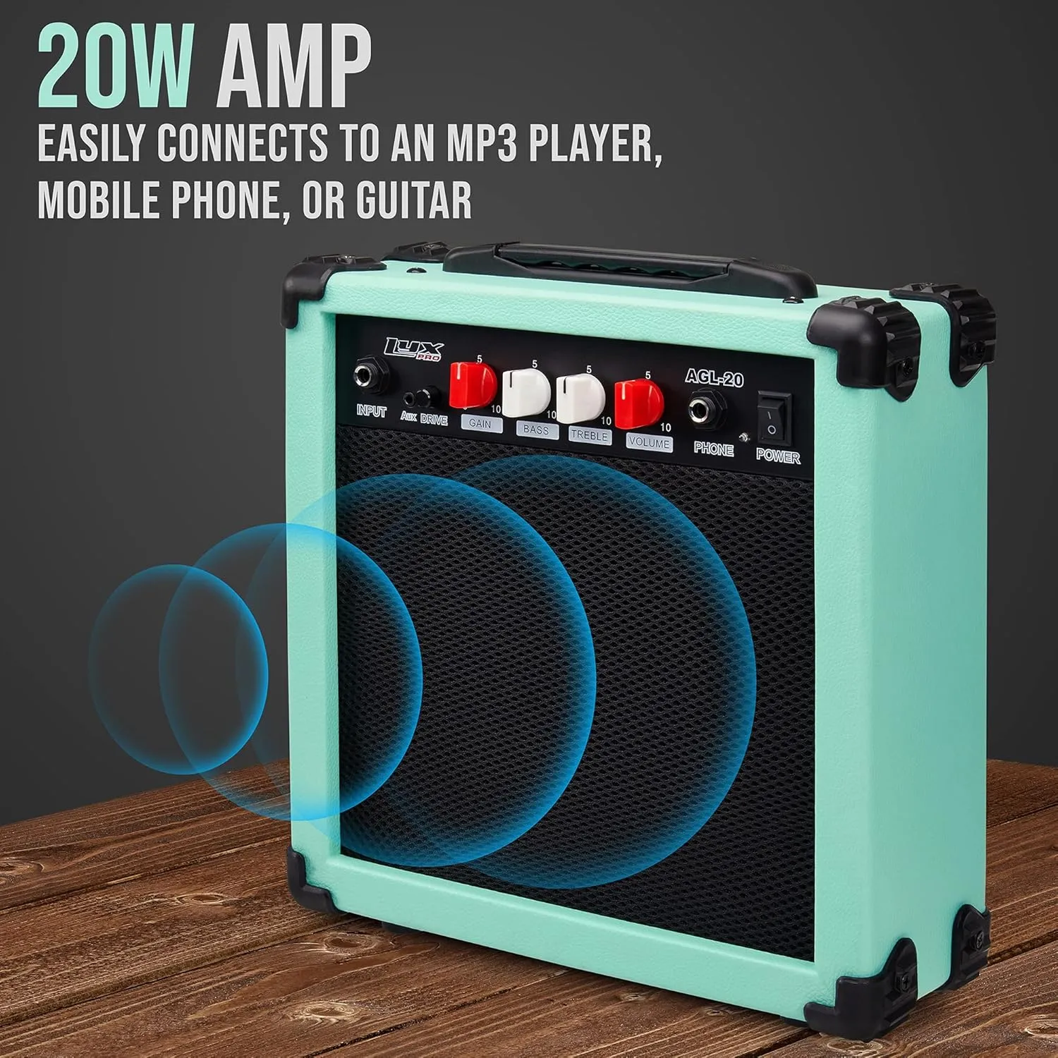 LyxPro Electric Guitar Amp 20 Watt Amplifier Built in Speaker Headphone Jack and Aux Input Includes Gain Bass Treble Volume and Grind - Green