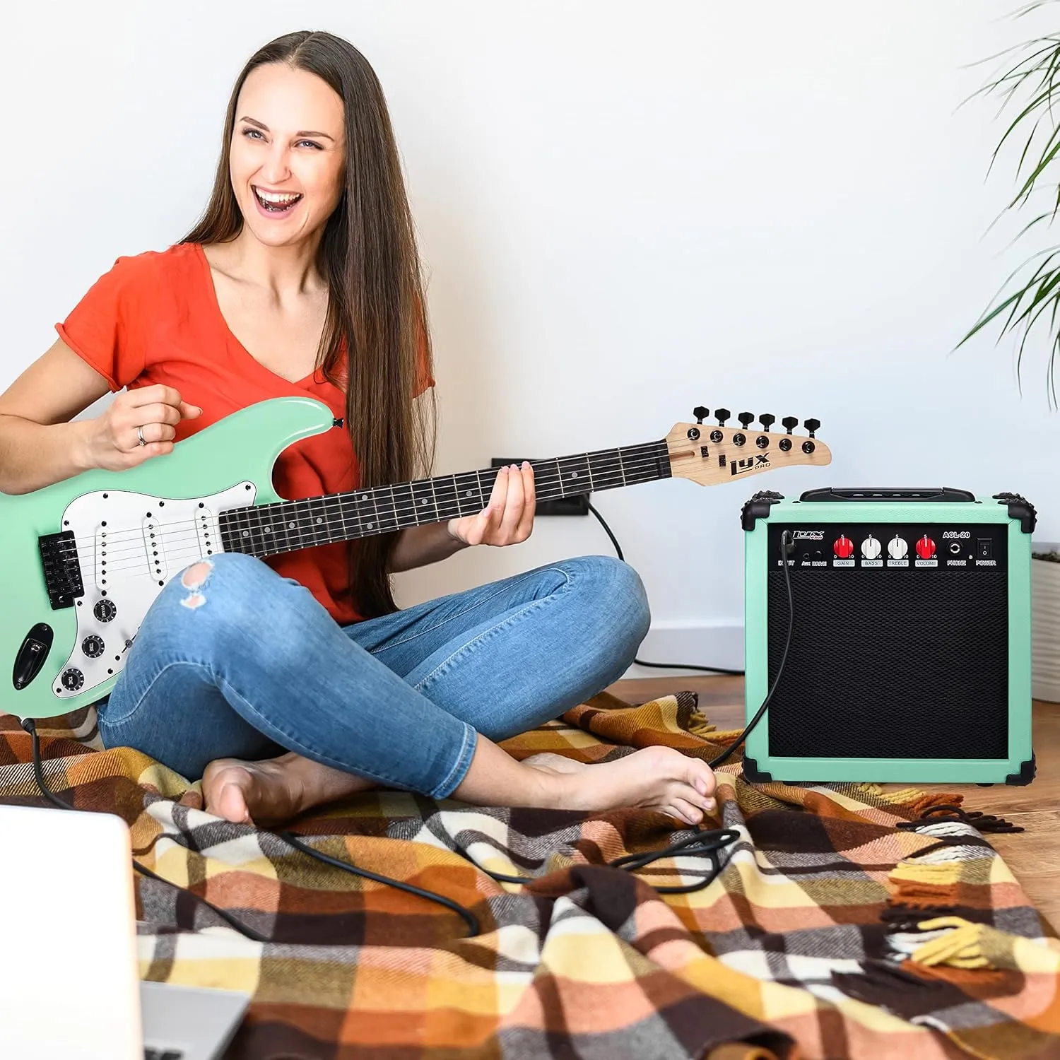 LyxPro Electric Guitar Amp 20 Watt Amplifier Built in Speaker Headphone Jack and Aux Input Includes Gain Bass Treble Volume and Grind - Green