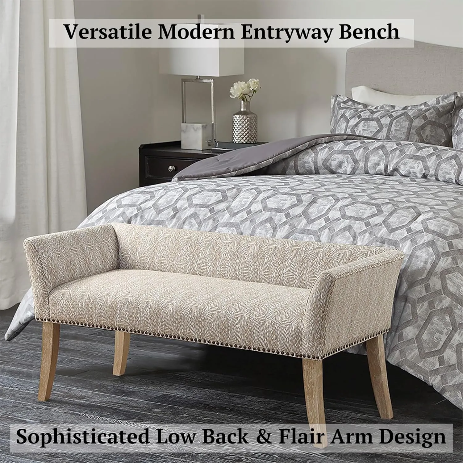 Madison Park Accent Bench for Living Room, Upholstered with Nailhead Trim, & Padded Seat Entryway Bench Small, Bedroom Furniture, End of Bed Bench with Back, 49.5" W x 19.25" D x 23" H, Taupe Multi
