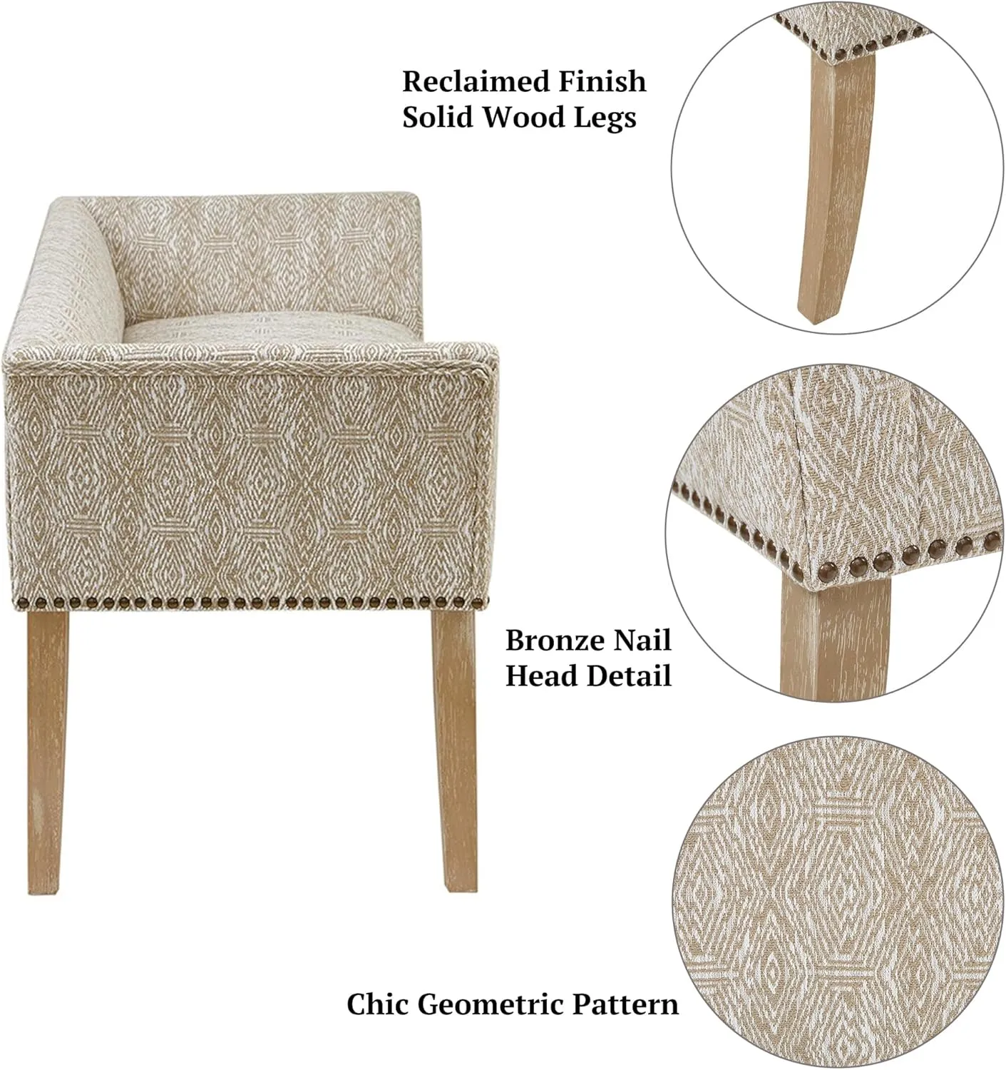 Madison Park Accent Bench for Living Room, Upholstered with Nailhead Trim, & Padded Seat Entryway Bench Small, Bedroom Furniture, End of Bed Bench with Back, 49.5" W x 19.25" D x 23" H, Taupe Multi