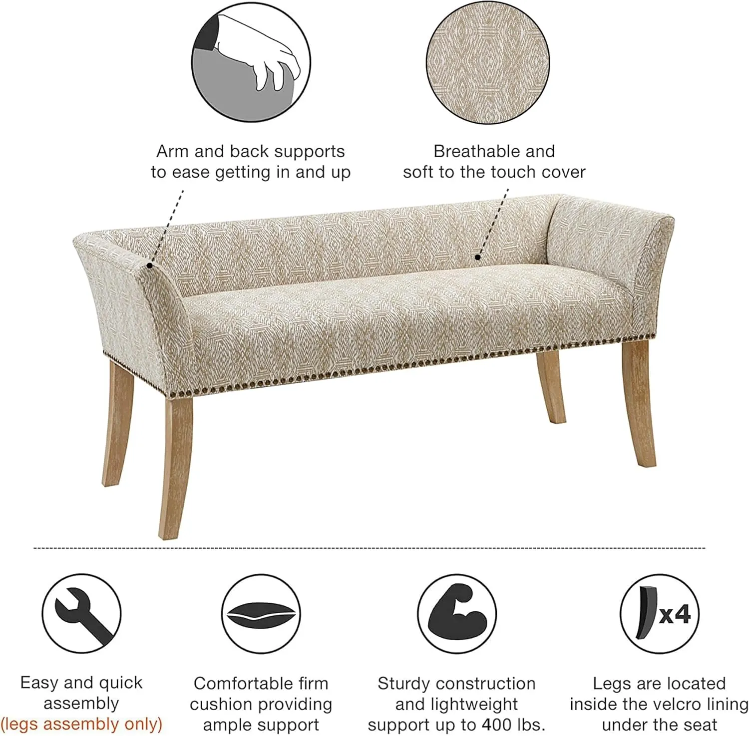 Madison Park Accent Bench for Living Room, Upholstered with Nailhead Trim, & Padded Seat Entryway Bench Small, Bedroom Furniture, End of Bed Bench with Back, 49.5" W x 19.25" D x 23" H, Taupe Multi