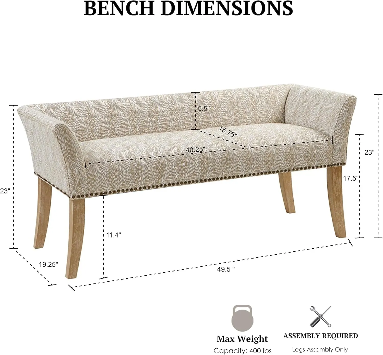 Madison Park Accent Bench for Living Room, Upholstered with Nailhead Trim, & Padded Seat Entryway Bench Small, Bedroom Furniture, End of Bed Bench with Back, 49.5" W x 19.25" D x 23" H, Taupe Multi