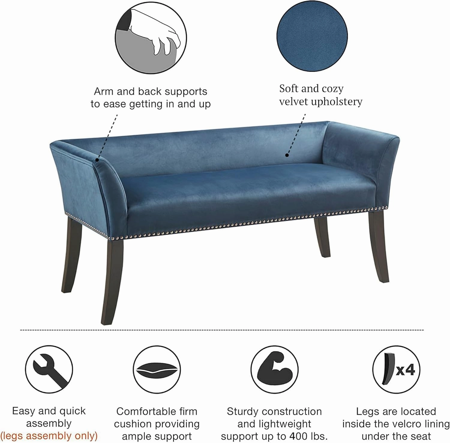 Madison Park Accent Bench for Living Room, Upholstered with Nailhead Trim, & Padded Seat Entryway Bench Small, Bedroom Furniture, End of Bed Bench with Back, 49.5" W x 19.25" D x 23" H, Blue