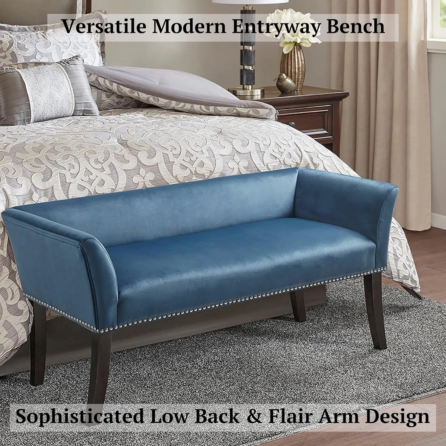 Madison Park Accent Bench for Living Room, Upholstered with Nailhead Trim, & Padded Seat Entryway Bench Small, Bedroom Furniture, End of Bed Bench with Back, 49.5" W x 19.25" D x 23" H, Blue