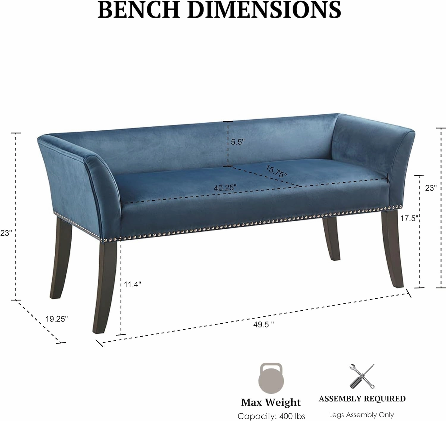 Madison Park Accent Bench for Living Room, Upholstered with Nailhead Trim, & Padded Seat Entryway Bench Small, Bedroom Furniture, End of Bed Bench with Back, 49.5" W x 19.25" D x 23" H, Blue