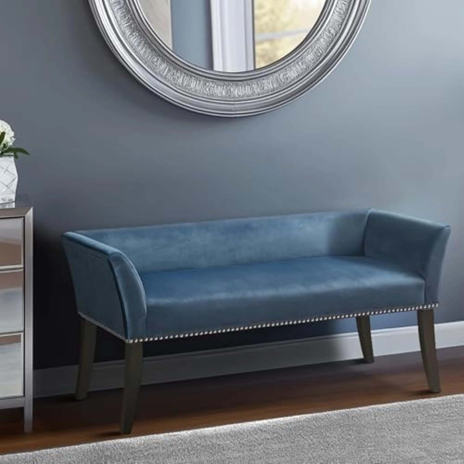 Madison Park Accent Bench for Living Room, Upholstered with Nailhead Trim, & Padded Seat Entryway Bench Small, Bedroom Furniture, End of Bed Bench with Back, 49.5" W x 19.25" D x 23" H, Blue