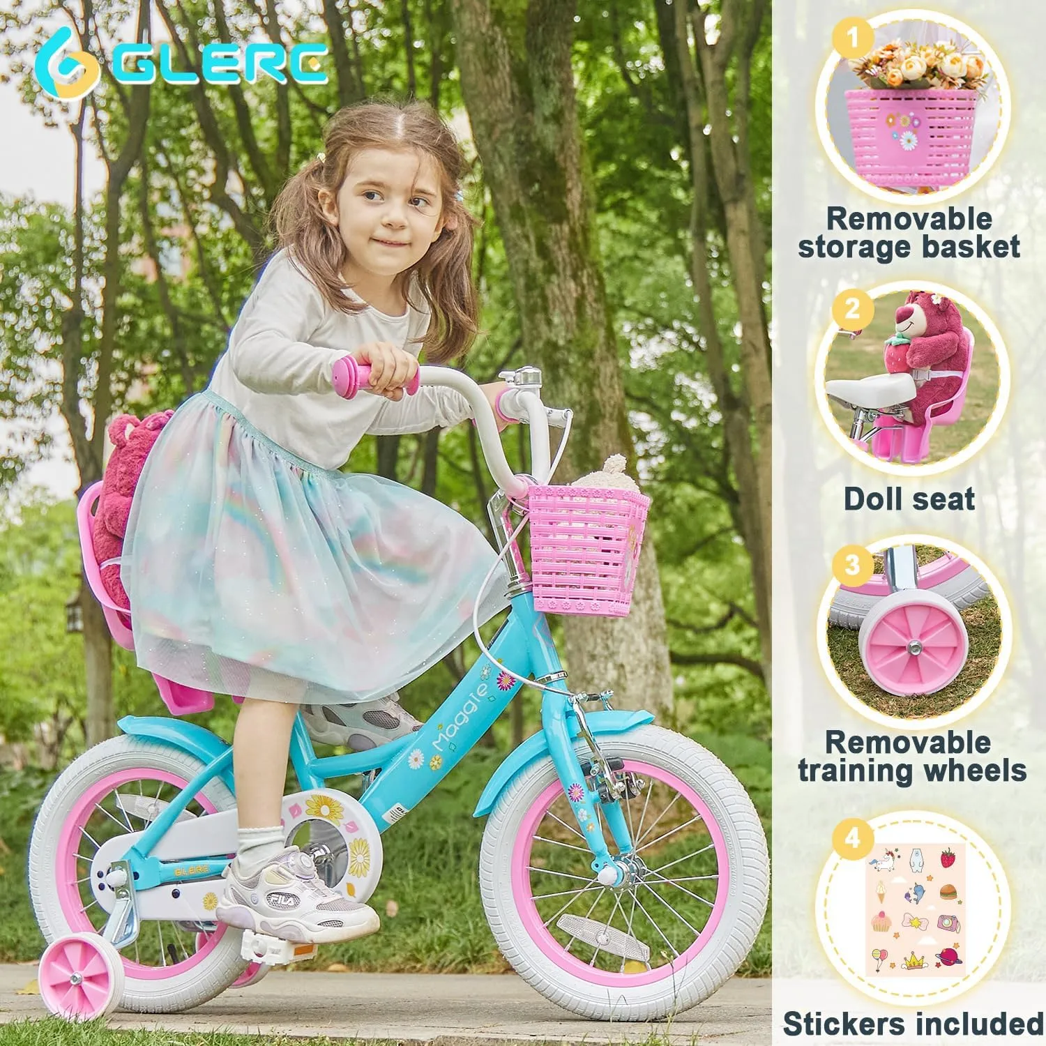 Maggie Girls Bike, 12-20 Inch Kids Bike for 2-13 Years Old Children, Princess Style Kids Bicycle with Doll-Seat & Basket & Training Wheels, Multiple Colors