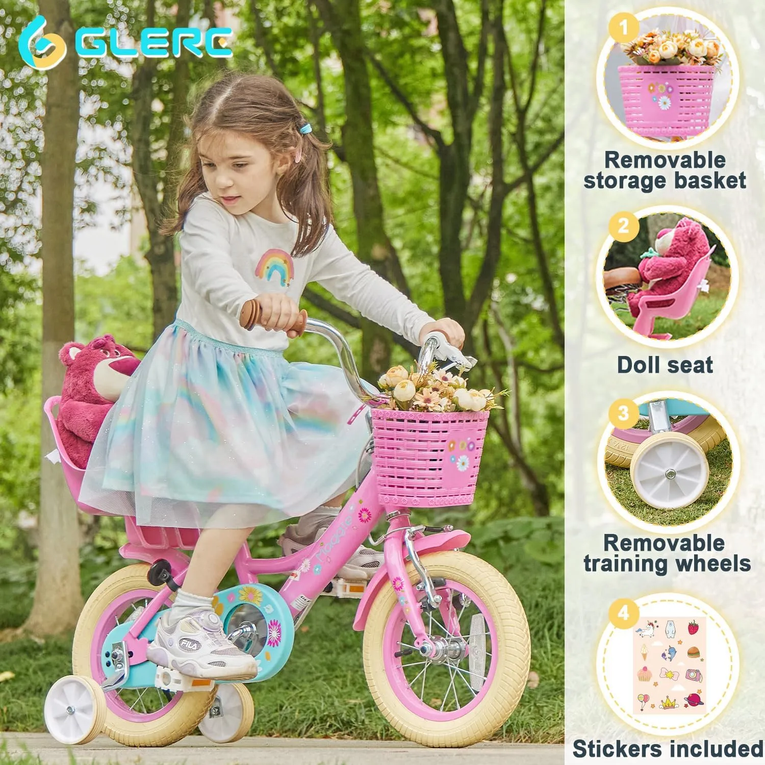 Maggie Girls Bike, 12-20 Inch Kids Bike for 2-13 Years Old Children, Princess Style Kids Bicycle with Doll-Seat & Basket & Training Wheels, Multiple Colors