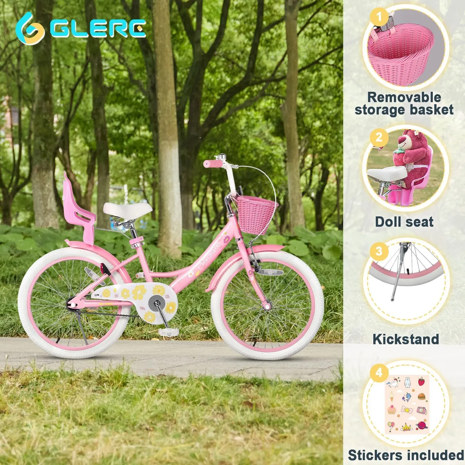 Maggie Girls Bike, 12-20 Inch Kids Bike for 2-13 Years Old Children, Princess Style Kids Bicycle with Doll-Seat & Basket & Training Wheels, Multiple Colors