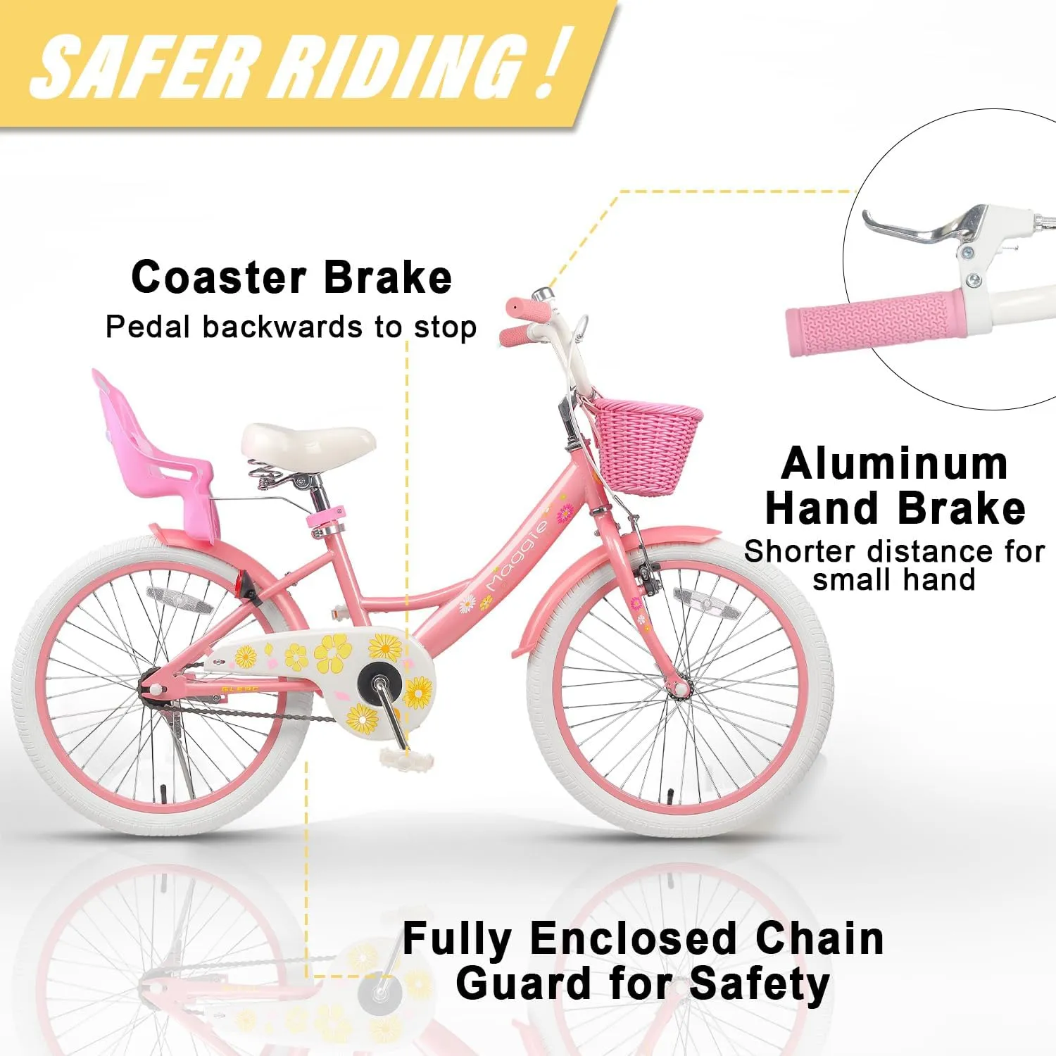 Maggie Girls Bike, 12-20 Inch Kids Bike for 2-13 Years Old Children, Princess Style Kids Bicycle with Doll-Seat & Basket & Training Wheels, Multiple Colors