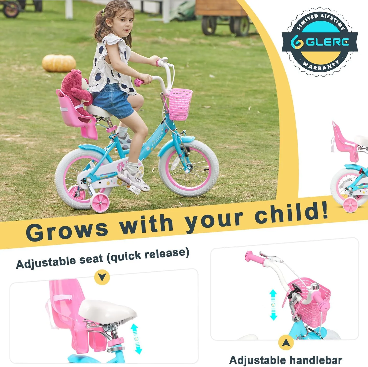 Maggie Girls Bike, 12-20 Inch Kids Bike for 2-13 Years Old Children, Princess Style Kids Bicycle with Doll-Seat & Basket & Training Wheels, Multiple Colors