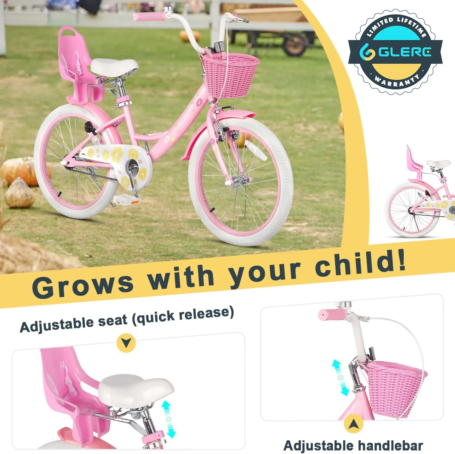 Maggie Girls Bike, 12-20 Inch Kids Bike for 2-13 Years Old Children, Princess Style Kids Bicycle with Doll-Seat & Basket & Training Wheels, Multiple Colors