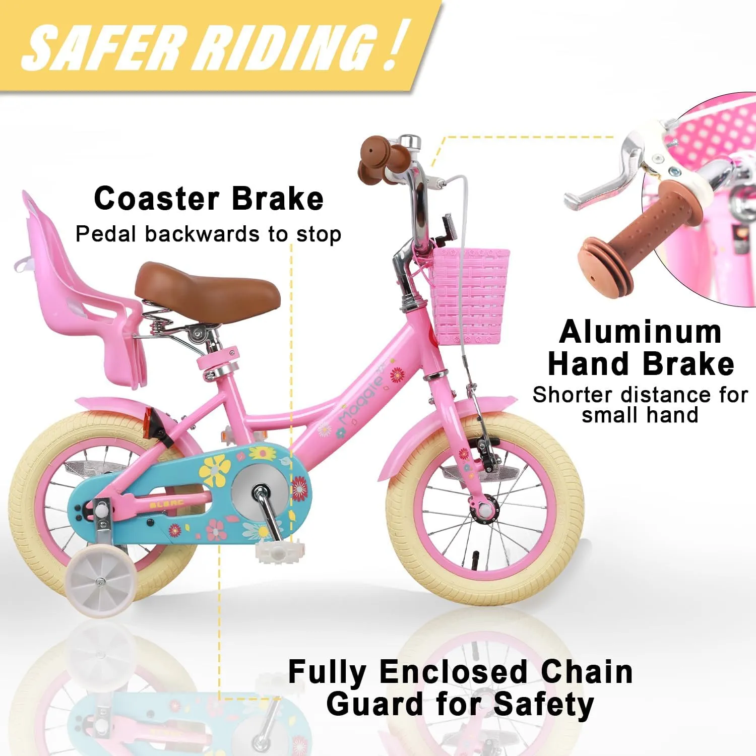 Maggie Girls Bike, 12-20 Inch Kids Bike for 2-13 Years Old Children, Princess Style Kids Bicycle with Doll-Seat & Basket & Training Wheels, Multiple Colors