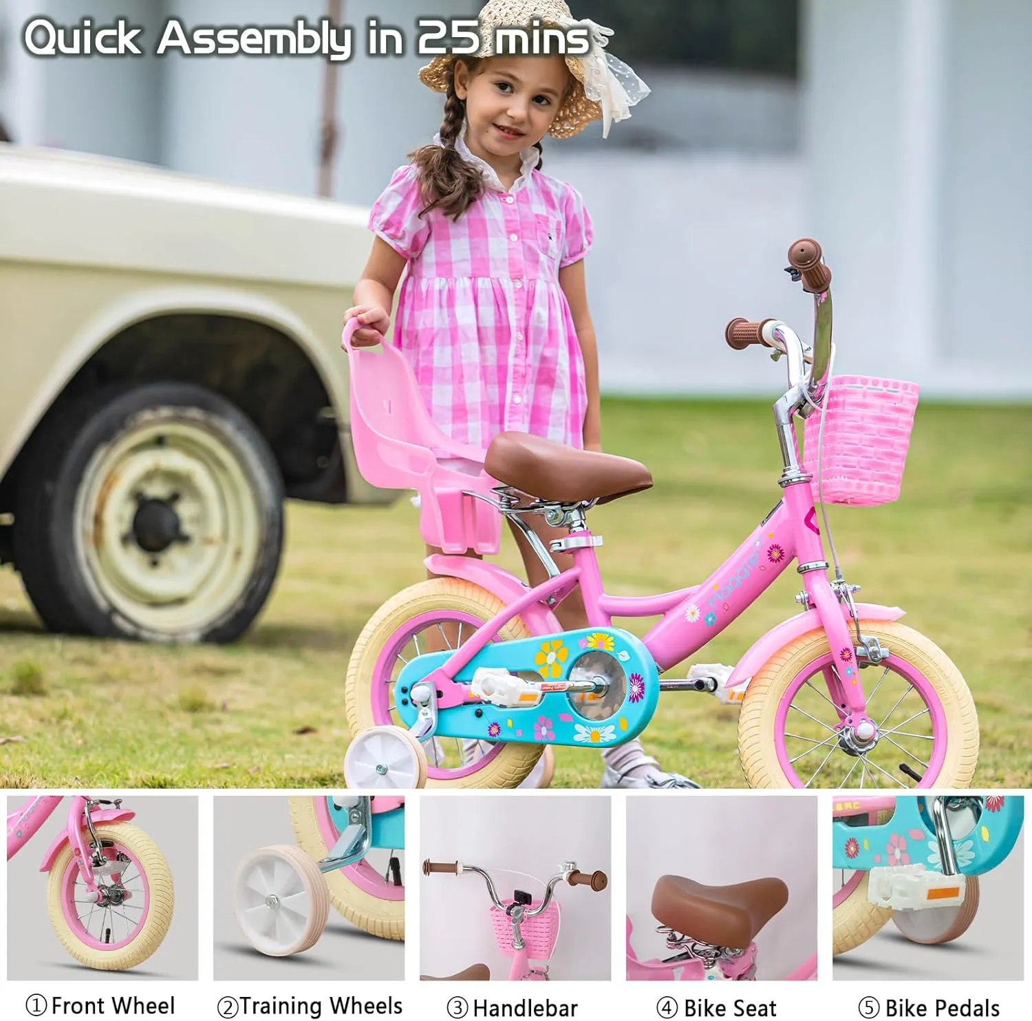 Maggie Girls Bike, 12-20 Inch Kids Bike for 2-13 Years Old Children, Princess Style Kids Bicycle with Doll-Seat & Basket & Training Wheels, Multiple Colors