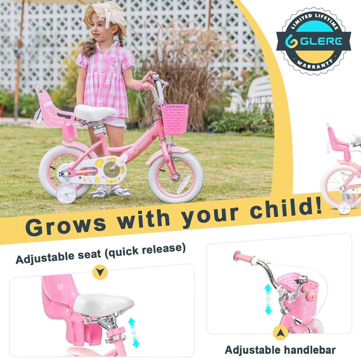 Maggie Girls Bike, 12-20 Inch Kids Bike for 2-13 Years Old Children, Princess Style Kids Bicycle with Doll-Seat & Basket & Training Wheels, Multiple Colors
