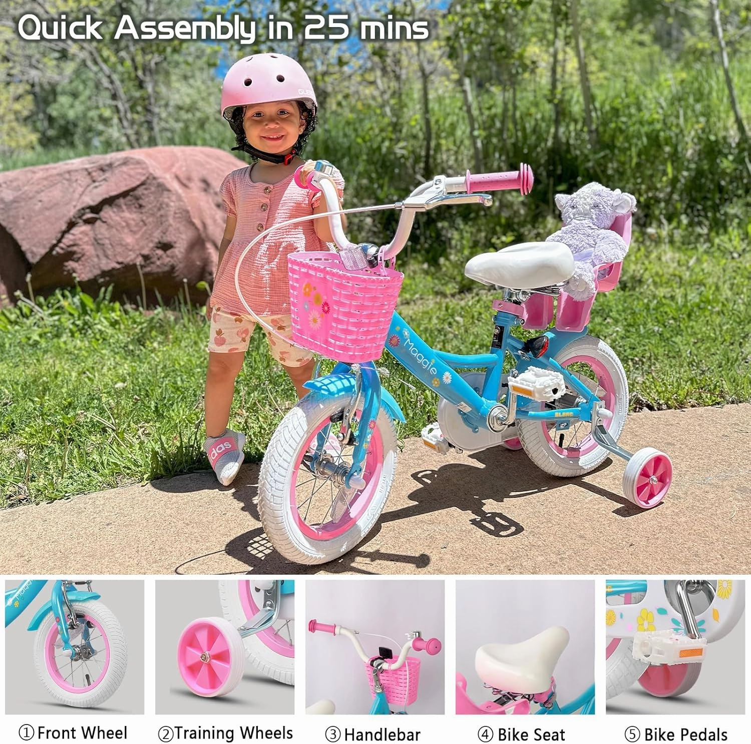Maggie Girls Bike, 12-20 Inch Kids Bike for 2-13 Years Old Children, Princess Style Kids Bicycle with Doll-Seat & Basket & Training Wheels, Multiple Colors