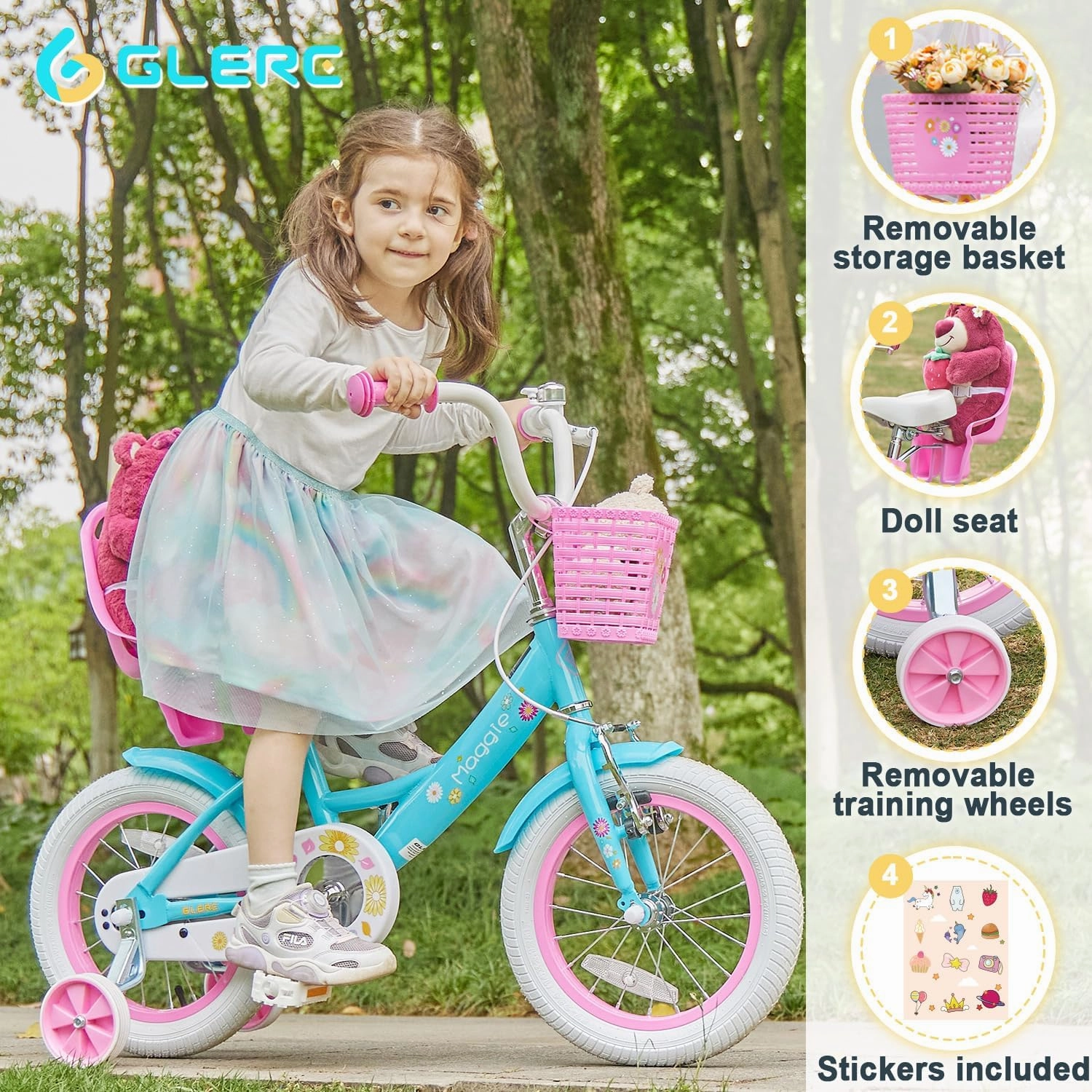Maggie Girls Bike, 12-20 Inch Kids Bike for 2-13 Years Old Children, Princess Style Kids Bicycle with Doll-Seat & Basket & Training Wheels, Multiple Colors