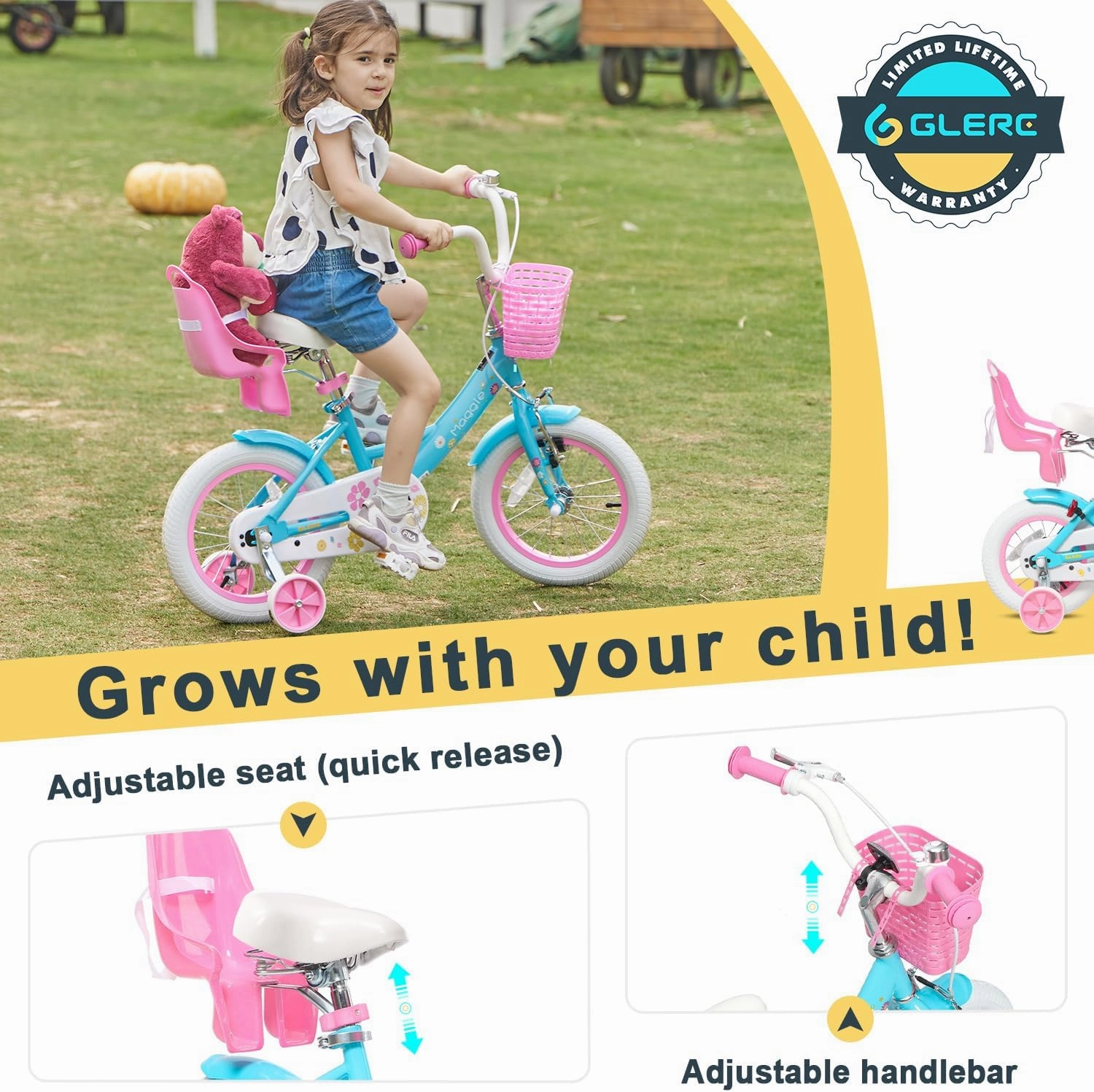 Maggie Girls Bike, 12-20 Inch Kids Bike for 2-13 Years Old Children, Princess Style Kids Bicycle with Doll-Seat & Basket & Training Wheels, Multiple Colors