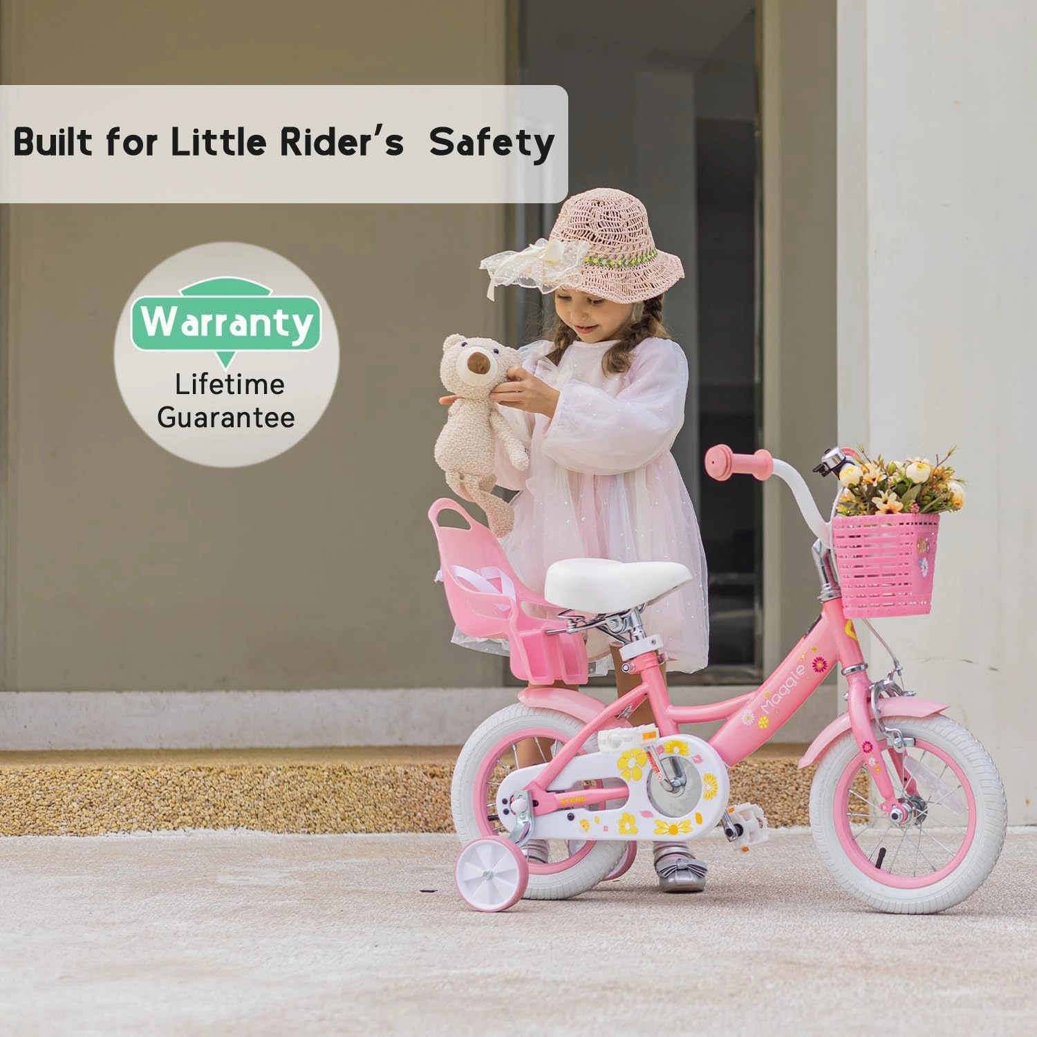 Maggie Girls Bike, 12-20 Inch Kids Bike for 2-13 Years Old Children, Princess Style Kids Bicycle with Doll-Seat & Basket & Training Wheels, Multiple Colors