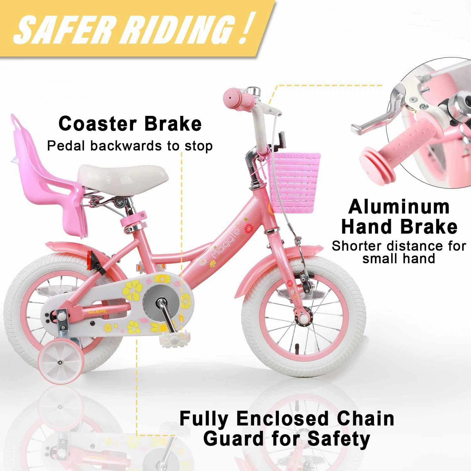 Maggie Girls Bike, 12-20 Inch Kids Bike for 2-13 Years Old Children, Princess Style Kids Bicycle with Doll-Seat & Basket & Training Wheels, Multiple Colors