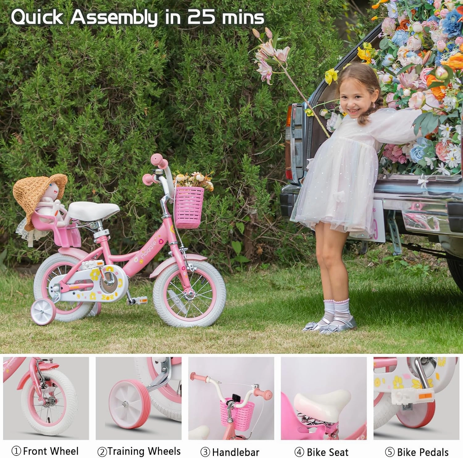 Maggie Girls Bike, 12-20 Inch Kids Bike for 2-13 Years Old Children, Princess Style Kids Bicycle with Doll-Seat & Basket & Training Wheels, Multiple Colors