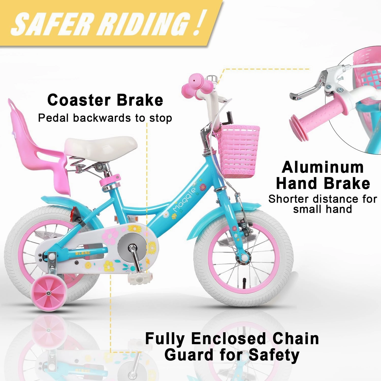 Maggie Girls Bike, 12-20 Inch Kids Bike for 2-13 Years Old Children, Princess Style Kids Bicycle with Doll-Seat & Basket & Training Wheels, Multiple Colors