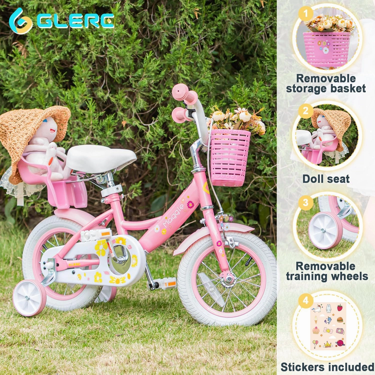 Maggie Girls Bike, 12-20 Inch Kids Bike for 2-13 Years Old Children, Princess Style Kids Bicycle with Doll-Seat & Basket & Training Wheels, Multiple Colors