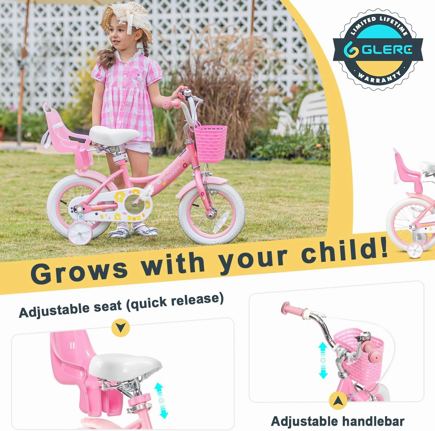 Maggie Girls Bike, 12-20 Inch Kids Bike for 2-13 Years Old Children, Princess Style Kids Bicycle with Doll-Seat & Basket & Training Wheels, Multiple Colors