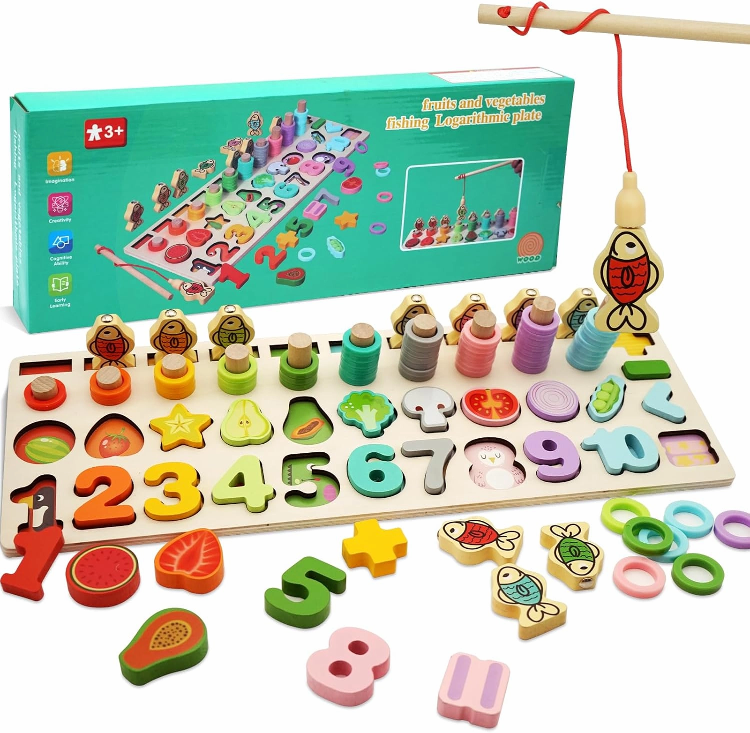 Magnetic Fishing Game, Montessori Educational Toy for 1-3, Wooden Alphabet Number Shape Puzzles, Rings Counting Sorting Toys Math Shape Blocks for Toddlers 3-5