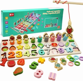 Magnetic Fishing Game, Montessori Educational Toy for 1-3, Wooden Alphabet Number Shape Puzzles, Rings Counting Sorting Toys Math Shape Blocks for Toddlers 3-5
