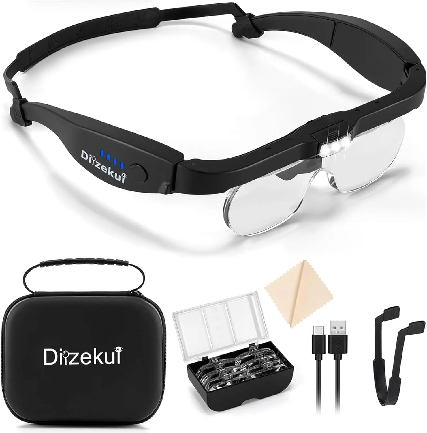 Magnifying Glass with Light, Rechargeable Magnifying Glasses 1.5X-5X Lenses, Magnify Glasses for Close Work with Carry Case, Magnifier Headset Headband Magnifier for Craft Hobby Cross Stitch