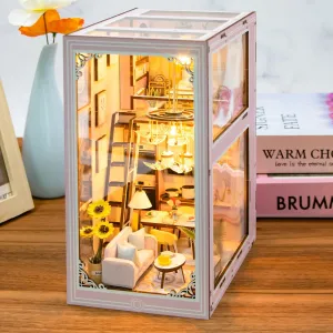 MAGQOO Book Nook Kit DIY Doll House Booknook Book Nook Miniature Kit for Bookshelf Doll Houses for Adults Teen Halloween, 3D Wooden Puzzle Bookends with Sensor Led Light(Pink Loft)
