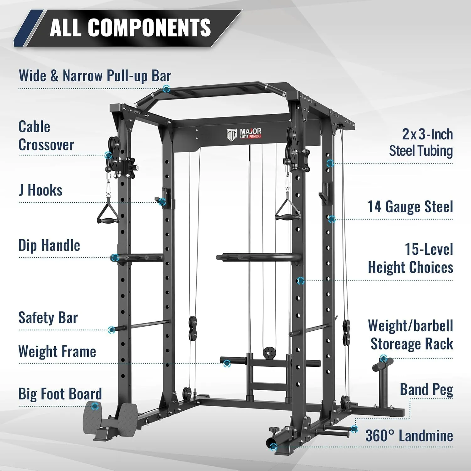 MAJOR FITNESS PLM03 Power Rack - 1400LBS Home Gym with Cable Crossover, Pull-Up Bar & Landmine, Strength Training Equipment